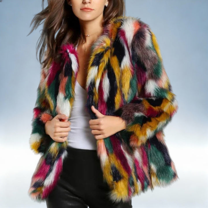 NORA — Casaco Pele Sintética Colorido em Tecido Premium | Elegância Vibrante