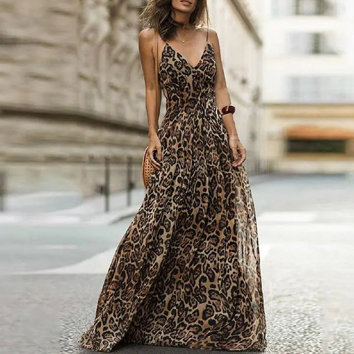 Leopard Print V-Neck Maxi Dress with Spaghetti Straps