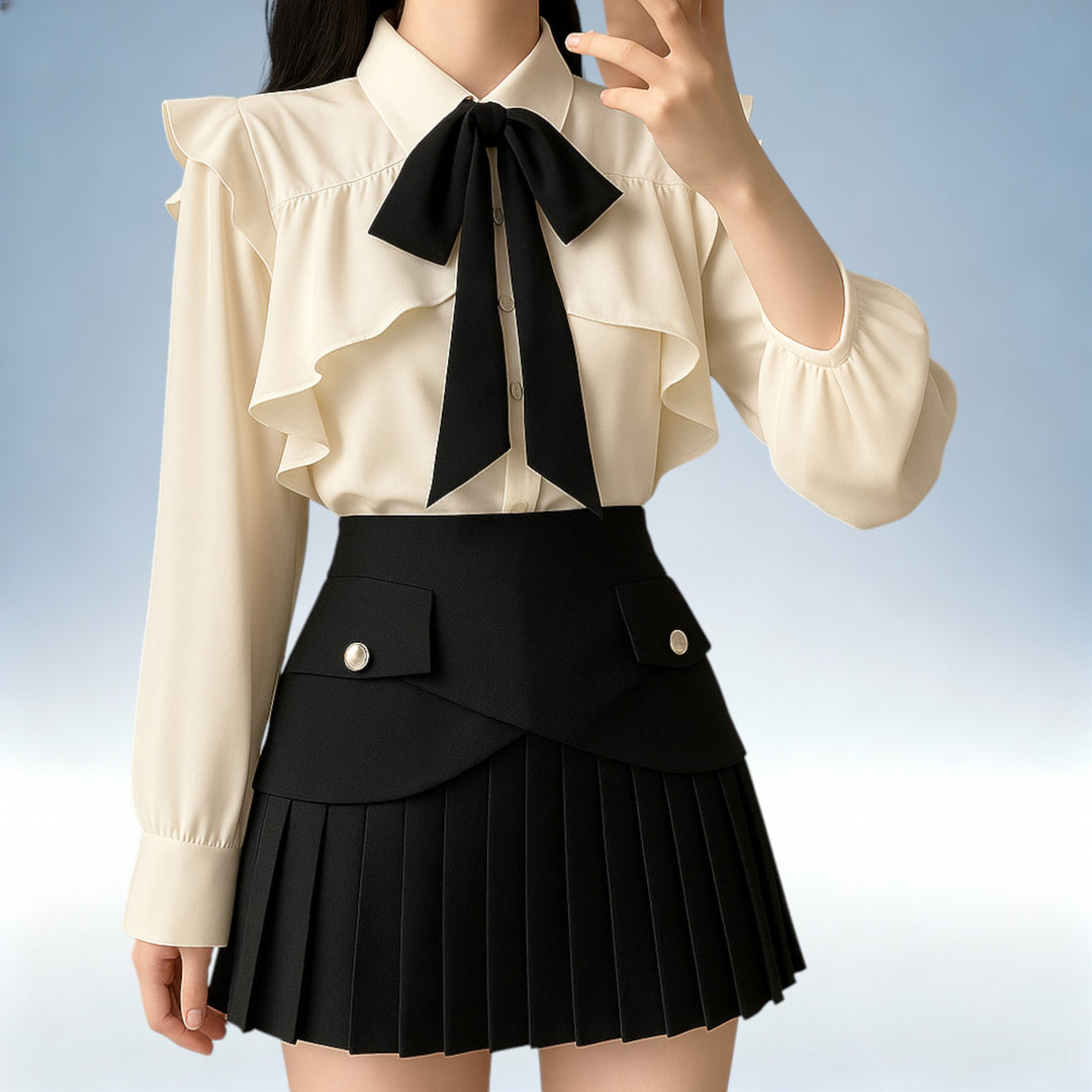 ÚRSULA — Camisa com Folhos e Laço Gola Polo | Elegância Romântica