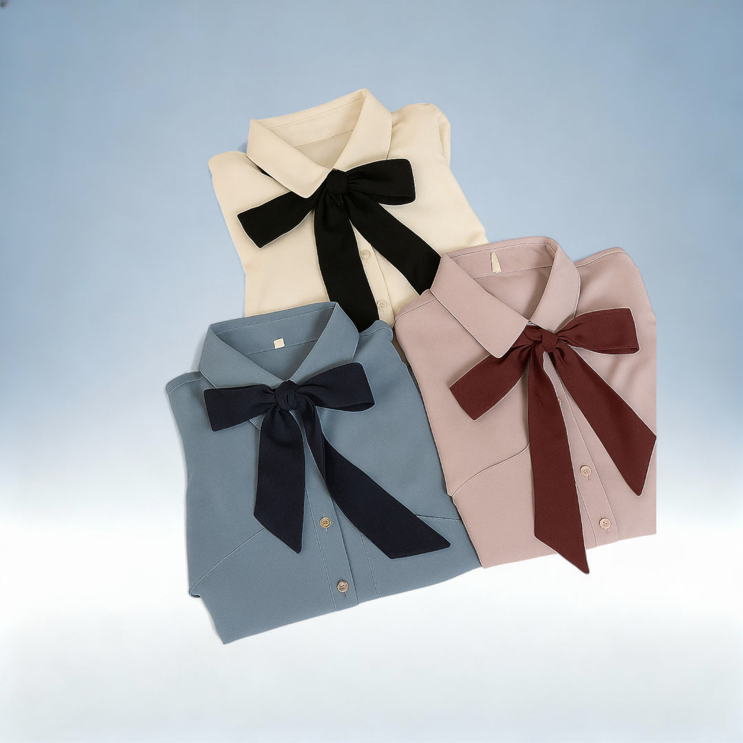 ÚRSULA — Camisa com Folhos e Laço Gola Polo | Elegância Romântica