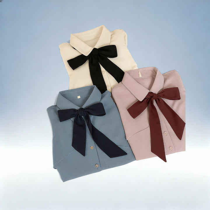 ÚRSULA — Camisa com Folhos e Laço Gola Polo | Elegância Romântica