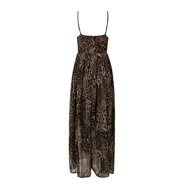 Leopard Print V-Neck Maxi Dress with Spaghetti Straps