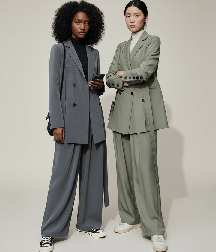 Clara Mode: Fato Urbano com Calças Amplas e Faixa Ajustável