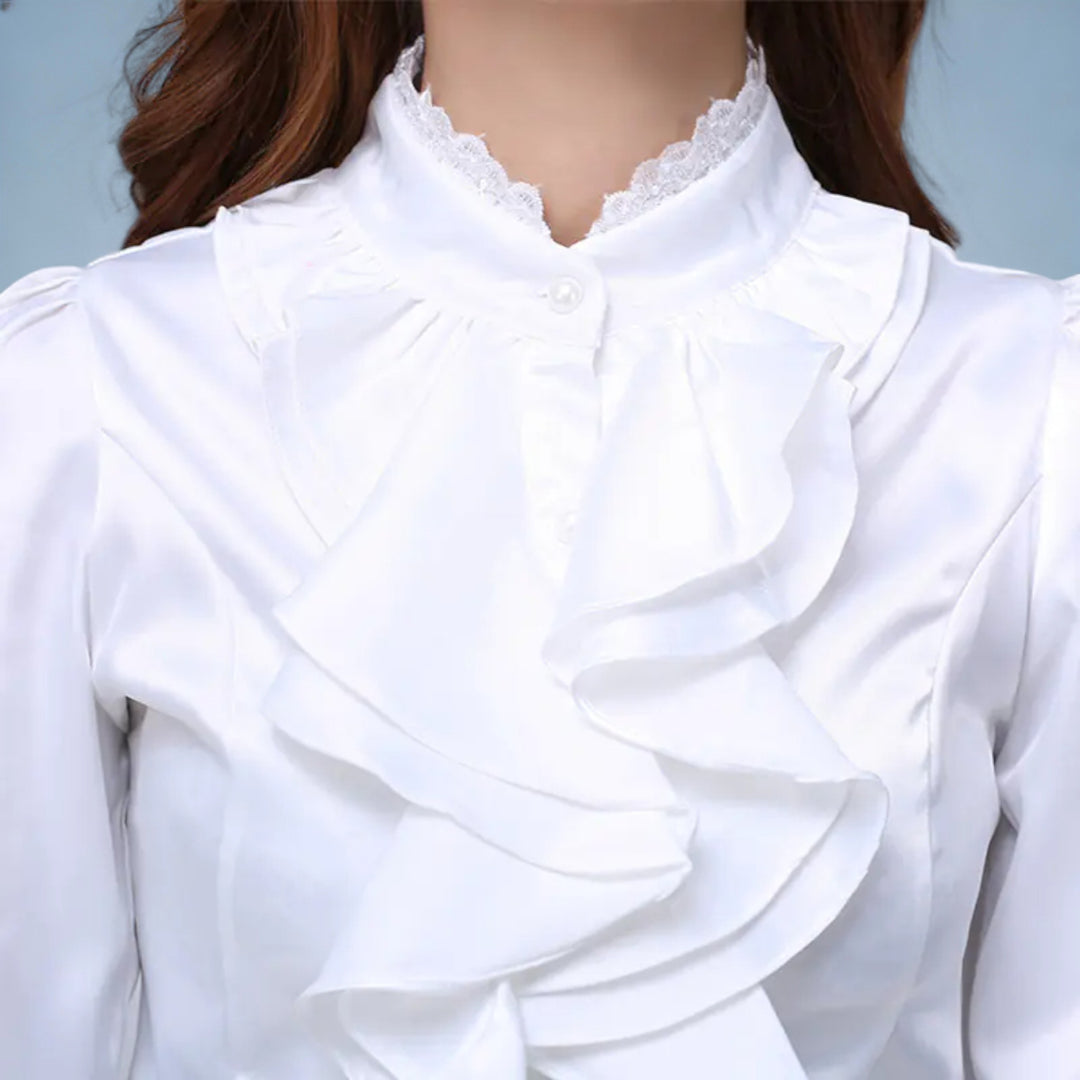 NINA — Camisa Rosa Gola Folhos Manga Comprida em Tecido Premium | Elegância Romântica