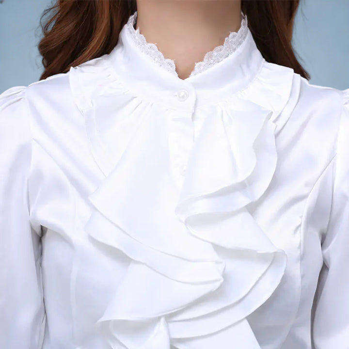 NINA — Camisa Rosa Gola Folhos Manga Comprida em Tecido Premium | Elegância Romântica