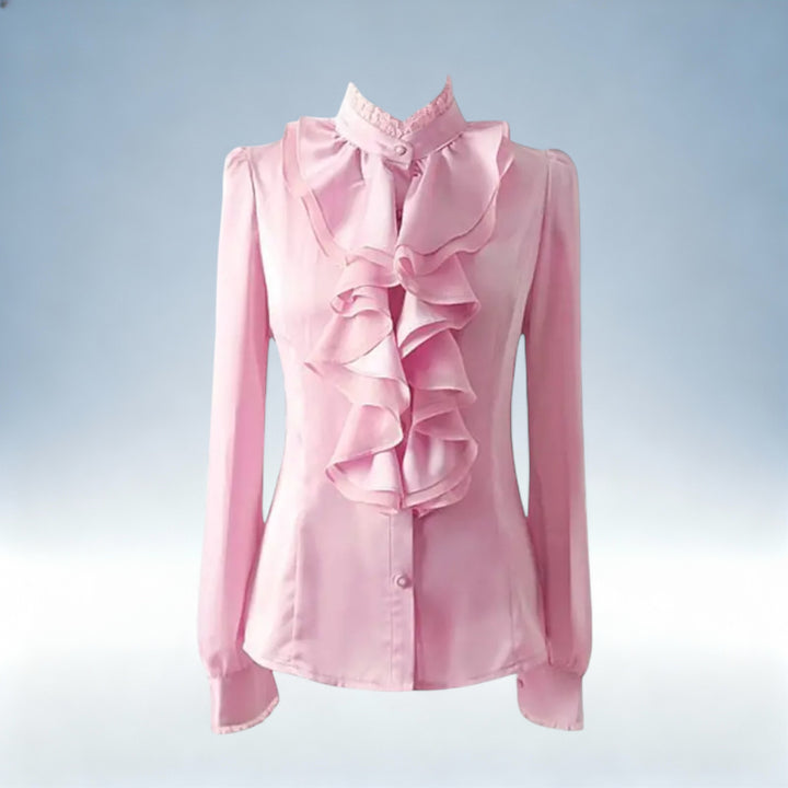 NINA — Camisa Rosa Gola Folhos Manga Comprida em Tecido Premium | Elegância Romântica