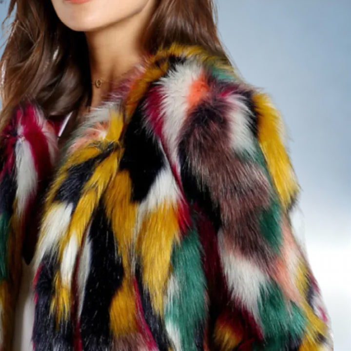 NORA — Casaco Pele Sintética Colorido em Tecido Premium | Elegância Vibrante