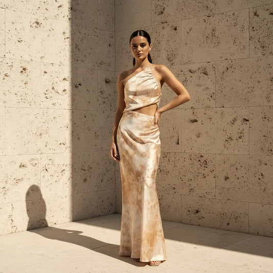 LIOZ | Vestido Maxi Assimétrico em Cetim com Estampado Mineral