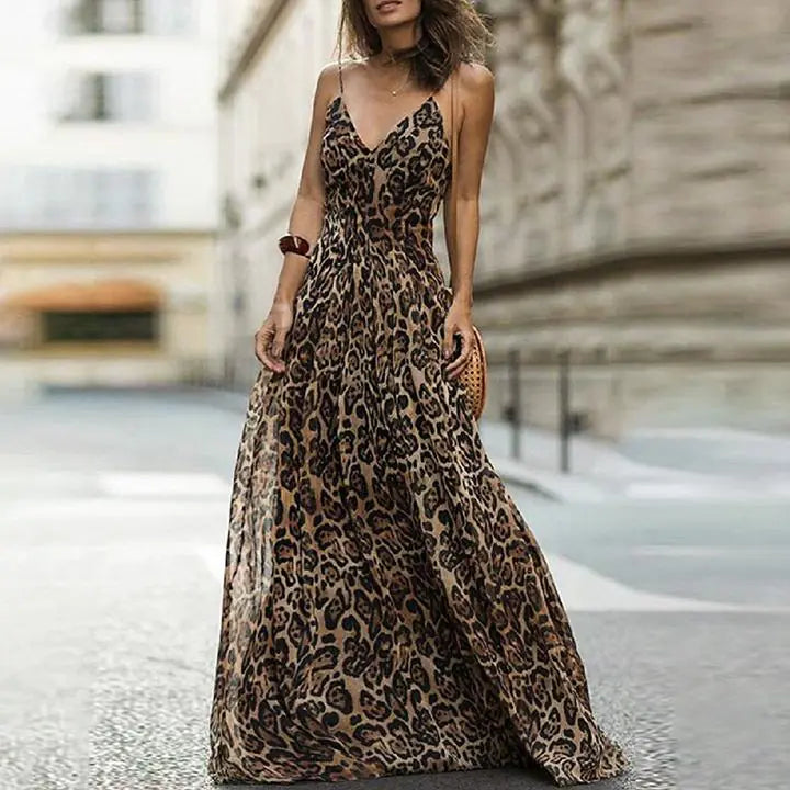 Leopard Print V-Neck Maxi Dress with Spaghetti Straps